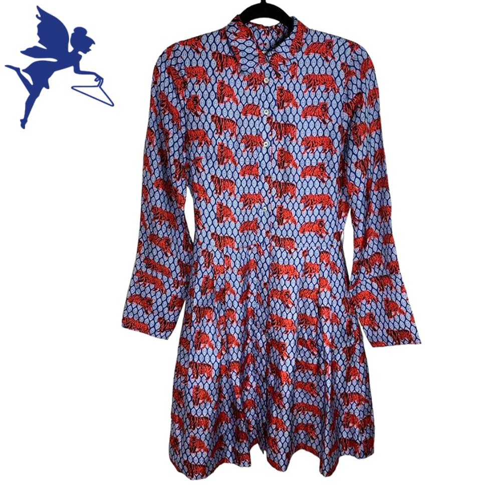 *SOLD* J. CREW COLLECTION BLUE ROAMING TIGER Silk Button Down Shirtdress - Picture 2 of 9
